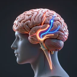 3 d model of anatomically correct human brain in profile, tendrils of colorful light, unreal engine, artstation, photorealistic, octane render, scifi