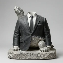 “stone sculpture or a turtle wearing a suit”