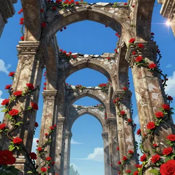 broken arches leading to the pillars of eternity draped with red flowers and vines, blue sky, lens flare, a sense of mystery, ultra detailed, intricate, sharp focus, cartoon illustration by Alex Pardee and Nekro and Petros Afshar and James McDermott, 8K