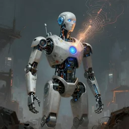 an illustration of consciousness emerging in a large language mobile model ai robot in the style of greg rutkowski and algernon blackwood, realistic digital painting, brutalist futuristic, cymographic lighting