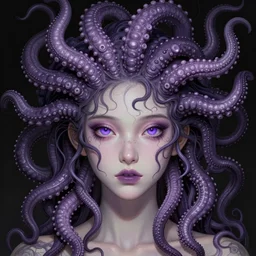 purple - eyed girl with tentacles on her head, photo realistic, face enhanced, detailed and intricate by alex grey, lisa frank, ayami, kojima, amano, karol bak, greg hildebrandt, mark brooks,, takato yamamoto, beksinski