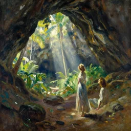 a lady by andrew atroshenko, john la farge's second paradise, tropical underground cove landscape, sun rays create shadows on the cave wall, high contrast, impressionist watercolor by john la farge and thomas cole, cinematic