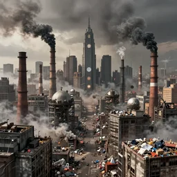 a skyline of a polluted city of chimneys and black smoke and trash and pollution, ultra realistic, wide angle, intricate details, the fifth element artifacts, highly detailed by peter mohrbacher, hajime sorayama, wayne barlowe, boris vallejo, aaron horkey, gaston bussiere, craig mullins