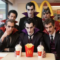 group of vampires chilling at mcdonalds, fine details by stanley artgerm lau, wlop, rossdraws, james jean, andrei riabovitchev, marc simonetti, and sakimichan, trending on artstation