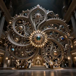wideangle shot of annihilation fractals with ornate jewelled, matte metal, sci-fi, high-tech, the Met museum, streamlined, futuristic, spot lighting, high contrast, Led, photorealistic, high detailed, concept art, exquisite aristocratic, industrial factory by Leonardo da Vinci, beautifull rembrandt light artstation trending, rendered in octane 8k