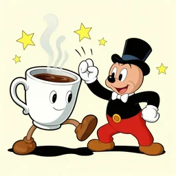 cup head fighting against coffee pot boss, lots of coffee, stars, dynamic movements, steam, comic style, 1930s, Walt Disney