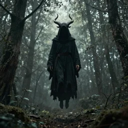 a dark cloaked figure with horns floating in the forest digital art grainy 8k