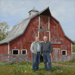 Richard Schmid and Jeremy Lipking full length portrait painting of an old and worn red barn