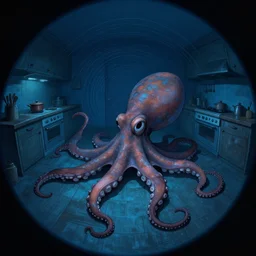 night vision dark palette, fisheye spiral lines, naive octopus, extra narrow, detailed illustration of a kitchen, large floor, octopus shaped by rhads from lorax movie, trending artstation, underwater dark blue