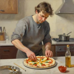oil painting of man with brown hair making pizza