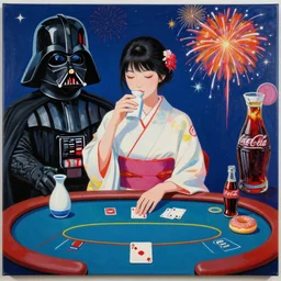 single woman in a japanese kimono drinking sake, sitting at an extremely detailed poker table with the detailed darth vader, sake, coca cola, donuts, on the table, fireworks and stars on the background, by andy warhol, by roy liechtestein, canvas, acrylic paint, cool color palette, masterpiece, 4 k, ultra - hd