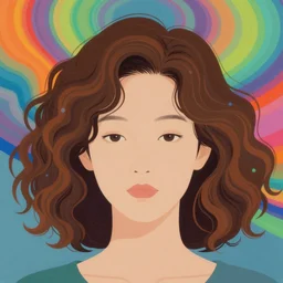 a colorful vibrant closeup portrait of a simple asian woman with curly mid length brown hair with a calm aesthetic face and dreaming psychedelic hair, by kawase hasui, moebius, edward hopper and james gilleard, zdzislaw beksinski, steven outram colorful flat surreal design, hd, 8 k, artstation