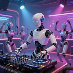 a robot as a dj in a future city disco club, all robots are dancing, highly detailed, digital painting, award winning art