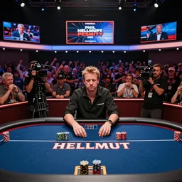 studio professional photo of phil hellmuth giving a tantrum in the world series of poker final table, wide angle lens, cheering crowd, cameras, cable news, 3 5 mm, canon, sharp focus, centered shot at the table, breathtaking, groundbreaking, award winning, superb, cinematic, 4 k, high resolution, hyper realist, intricate, ultra detailed, rich moody colors