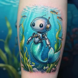 tattoo of cute mechanical mermaid robots swimming through sea grass and kelp with lots of fish and light rays underwater