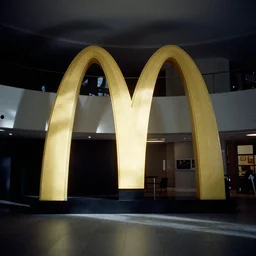 The interior of a McDonalds designed by Constantin Brancusi, 35mm film, long shot