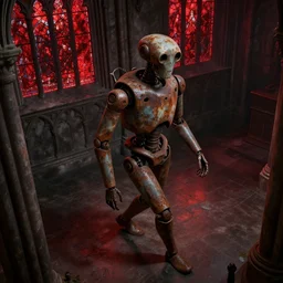 Different angle overhead shot of a rusted android walking across a dimly lit gothic cathedral with red stained glass windows, cinematic, concept art, detailed, dark n 3