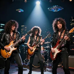 The wide shot of disco punk rock Asian band with very long curly dark hair playing on jazz guitars in the style of David Bowie, top fresnel spotlight, night city on the background, flying saucer in the sky, by Lubezki and David Lynch, anamorphic 24 mm lens, cinematic, rock movie, award winning photography, lens flares 4k