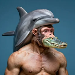closeup portrait of muscular animal human merged head dolphin, merged with monkey head, hippo face morphed, horse head animal merge, morphing dog head, merging crocodile head, anthropomorphic, creature, solid background