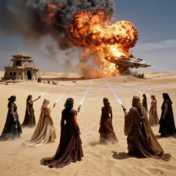 the mass battle scene between bene gesserit women and harkonnens in the desert near the abandoned buildings in night arrakis desert, spaceship exploding, laser guns, film still from the movie by alejandro jodorowsky with cinematogrophy of christopher doyle and art direction by hans giger, anamorphic lens, kodakchrome, 8 k,
