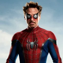 Robert Downey jr in the Spider-Man suit without the mask, movie poster