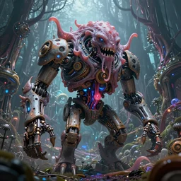 giant intricate mechanical slime with cybernetic enhancements and visible gears and fiber optics, on the background of a weird magical mechanical forest. Very detailed 8k. Fantasy cyberpunk horror. Sharp. Cinematic post-processing. Unreal engine. Nanite. Ray tracing. Parallax. Tessellation