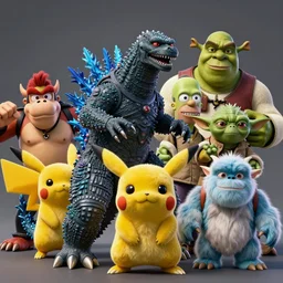 yoshi godzilla yoda donkey kong pikachu yeti shrek super robot homer groot waluigi darth vader mike wazowski, highly detailed, extremely high quality, hd, 4 k, 8 k, professional photographer, 4 0 mp, lifelike, top - rated, award winning, cinematic, realistic, detailed lighting, detailed shadows, sharp, no blur, edited, corrected, trending