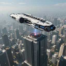 a spaceship is falling down to a skyscraper, digital art, cyberpunk, sci-fi