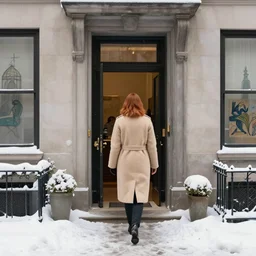 back of emma stone in beige coat, walking into new york apartment building in winter, snow, artwork by gaston bussiere, craig mullins, trending on artstation