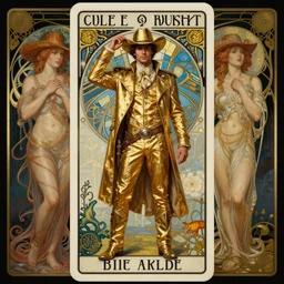 a dramatic ethereal epic symmetrical painting of a handsome cowboy in a gold outfit | tarot card, art deco, art nouveau,  (steampunk), homoerotic, realistic | by Greg Rutkowski, by Mark Maggiori and ((((Alphonse Mucha))) | trending on artstation