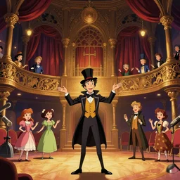 georges melies in magic theatre, extremely detailed, sharp focus, colorful, warm, magical, wide view, full body shot, smooth, digital illustration, by james jean, by rossdraws, frank franzzeta, mcbess, sakimichan
