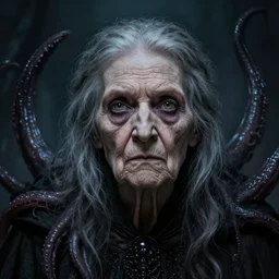 a female necromancer old woman | | elderly - face, wrinkled face, realistic shaded perfect face, fine details. anime. tentacles, eldritch abomination, dunwitch horror, realistic shaded lighting poster by greg rutkowski, magali villeneuve, artgerm, jeremy lipkin and michael garmash and rob rey