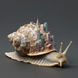 concept art of a gigantic snail creature with a city built into its shell
