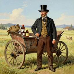 alex jones as a 1 9 th century traveling medicine salesman wearing a top hat, selling purported miracle tonics out of a chuckwagon, western illustration by howard terpning