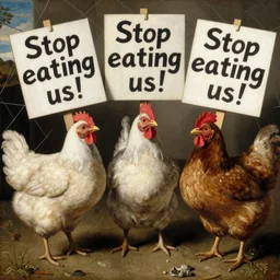 Three Chickens holding placards with text of 'Stop eating us!' behind wire netting. Painted by Caravaggio, high detail