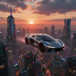 Flying cars over a cyberpunk city at sunset by Turner and Thomas Cole, neon lights, Impressionism, Romanticism, hyper detailed, concept art, artstation