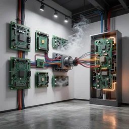 a detailed octane redshift render of a room with a cybernetic symbiosis of a wall motherboards and babbage analytical engine with polished concrete floors and smooth white walls, network room fine structured wiring, volumetric lighting, wispy white smoke, exposed complex circuit boards in open display cases, by sparth