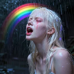 beautiful albino model puking rainbows, unral engine octane, colorful, darkart