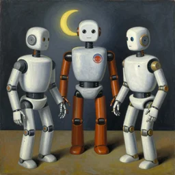 a metaphysical painting of 3 robots discussing the nature of consciousness, in the style of Mario Schifano's Sentimenti a memoria
