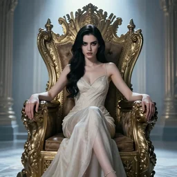 elegant woman posing with a deadly gaze on her throne, fantasy,