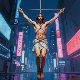 a painting of shibari jesus they prayed in tokyo, neon lights, cyberpunk, wideangle camera