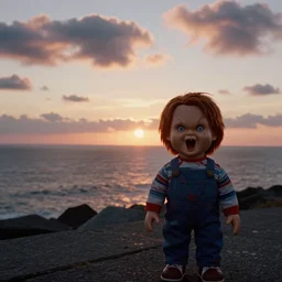 sunset clouds with an ocean in the background and a screaming chucky doll ashore by greg rutkowski cinematic 3 5 mm film