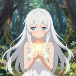 isekai enchanted forest cute bombshell anime waifu kitsune with white floating hair, white dress. holding tiny glowing star., symmetrical face. symmetrical detailed defined eyes. beautiful lineart. pixiv # 1 ranking depth of focus, chromatic aberration, noise, soft lighting, srgb, 4 k, by rembrant, kuvshinov, and ross tran