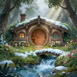 inside a medieval hobbit home, ornate, beautiful, mist, smoke, chimney, rain, wet, pristine, puddles, waterfall, melting, snow, creek, lush, ice, bridge, forest, flowers, concept art illustration, color page, 4 k, tone mapping, doll, akihiko yoshida, james jean, andrei riabovitchev, marc simonetti, yoshitaka amano, digital illustration, greg rutowski, volumetric lighting, sunbeams, particles, trending on artstation