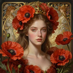 portrait of a gorgeous poppy queen, beauty, surreal, fantasy, intricate, elegant, dramatic lighting, emotionally evoking symbolic metaphor, highly detailed, lifelike, photorealistic, digital painting, artstation, concept art, smooth, sharp focus, illustration, art by John Collier and Krenz Cushart and Artem Demura and Alphonse Mucha and Albert Aublet