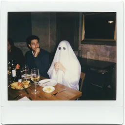 1 9 8 8 polaroid of a ghostly apparition at a lowbrow dinner party