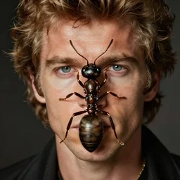 an ant with the face of johnny hallyday. a creature with the body of an ant and the human face of johnny hallyday