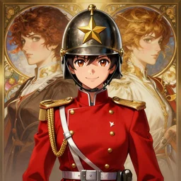 symmetry!! portrait of a smiling optimistic anime girl wwi soldier wearing red uniform and metallic golden star helmet, highly detailed, elegant!, anime!!!!, dynamic lighting, digital art, digital painting, artstation, wlop, sharp focus, illustration, art by artgerm and greg rutkowski and alphonse mucha, 8 k