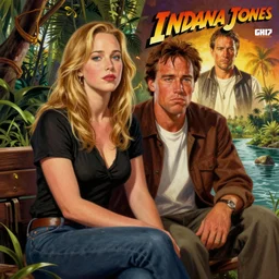 highly detailed painting of a jennifer lawrence sitting next to a young arnold schwarzenegger making a sad face, indiana jones vi cinema poster, next to a rainforest river, gta 5 cover art style, 8 k, radiant light, detailed and intricate environment, trending on artstation