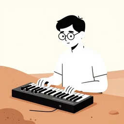 a lantern jawed man in glasses plays modular synths on the surface of mars, minimalist illustration